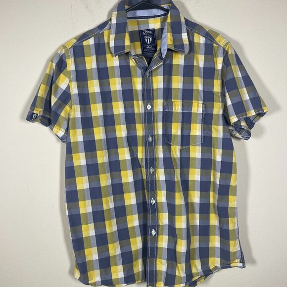 Code Men's Short Sleeve Yellow Gray Plaid BU Shirt Medium/44Cm Cotton! - Picture 1 of 5